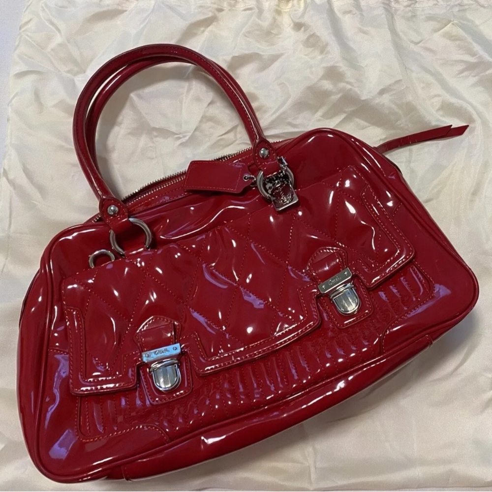 EUC Coach Red Liquid Gloss Pushlock Patent Leather Quilted Poppy Satchel